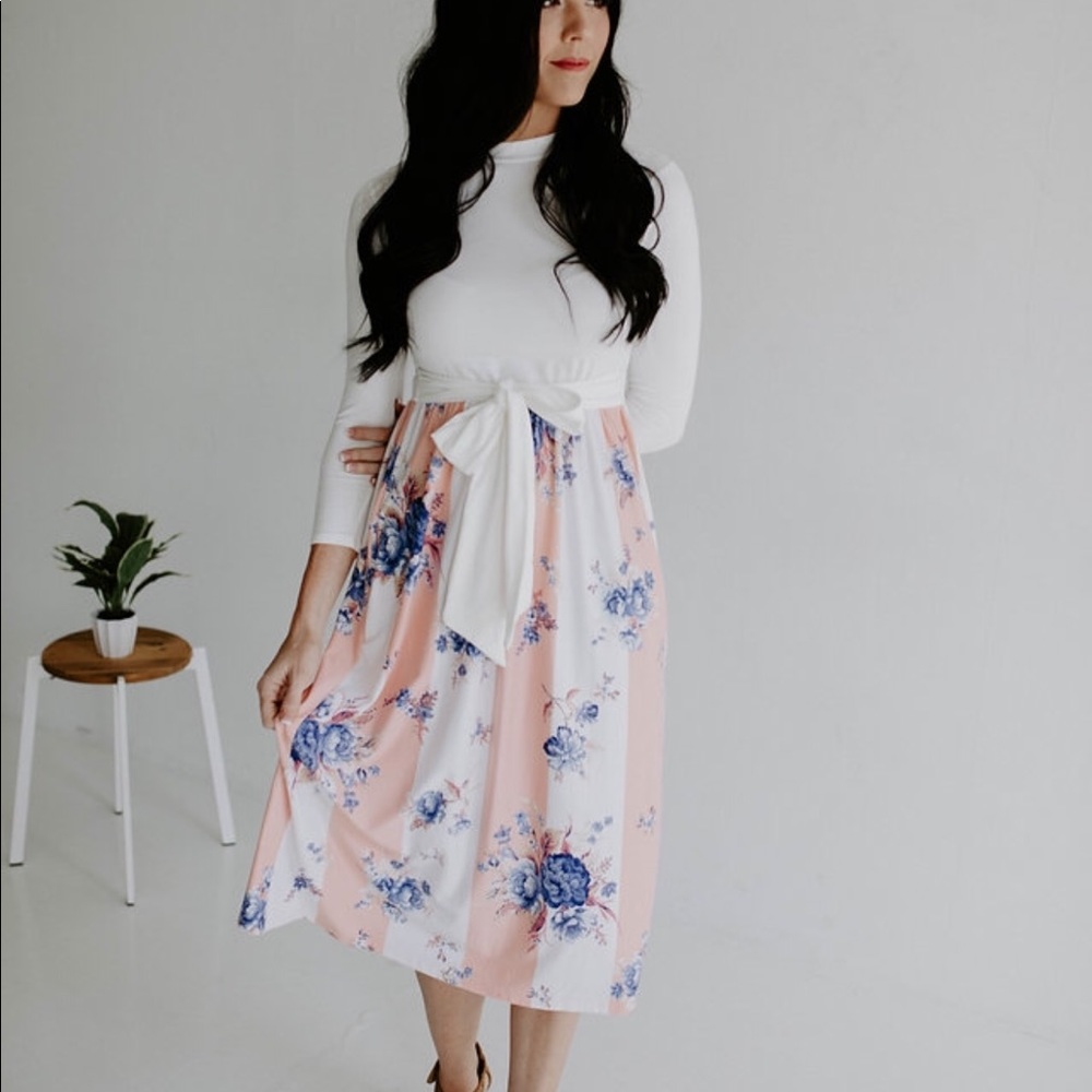 Floral Stripe Contrast Midi Dress with Pockets